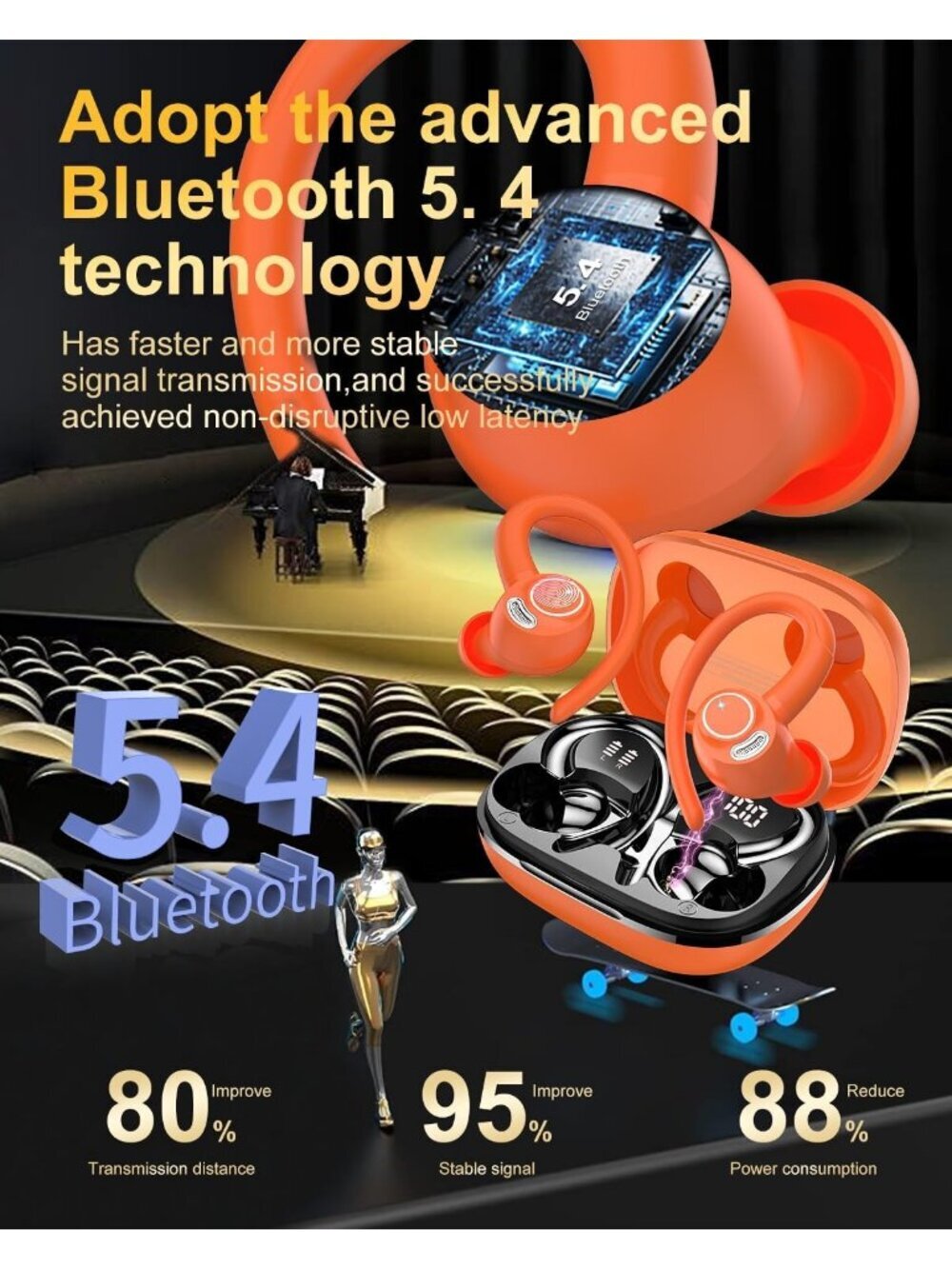 Wireless Orange ENC Noise Cancelling 48H Earhooks Deep Bass Bluetooth 5.4 Earbud - Picture 3 of 6